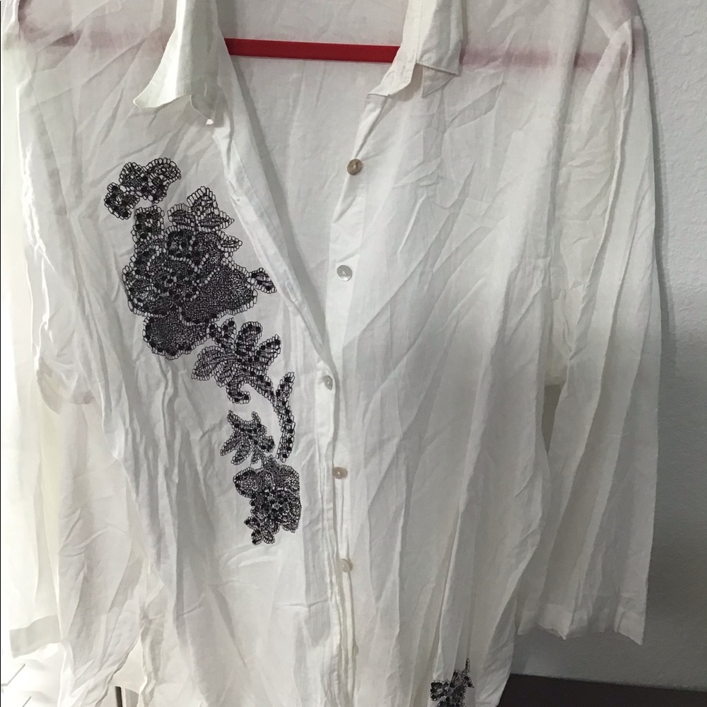 Susan Bristol White Sheer Blouse with Embroidered Glitzy Appliqués